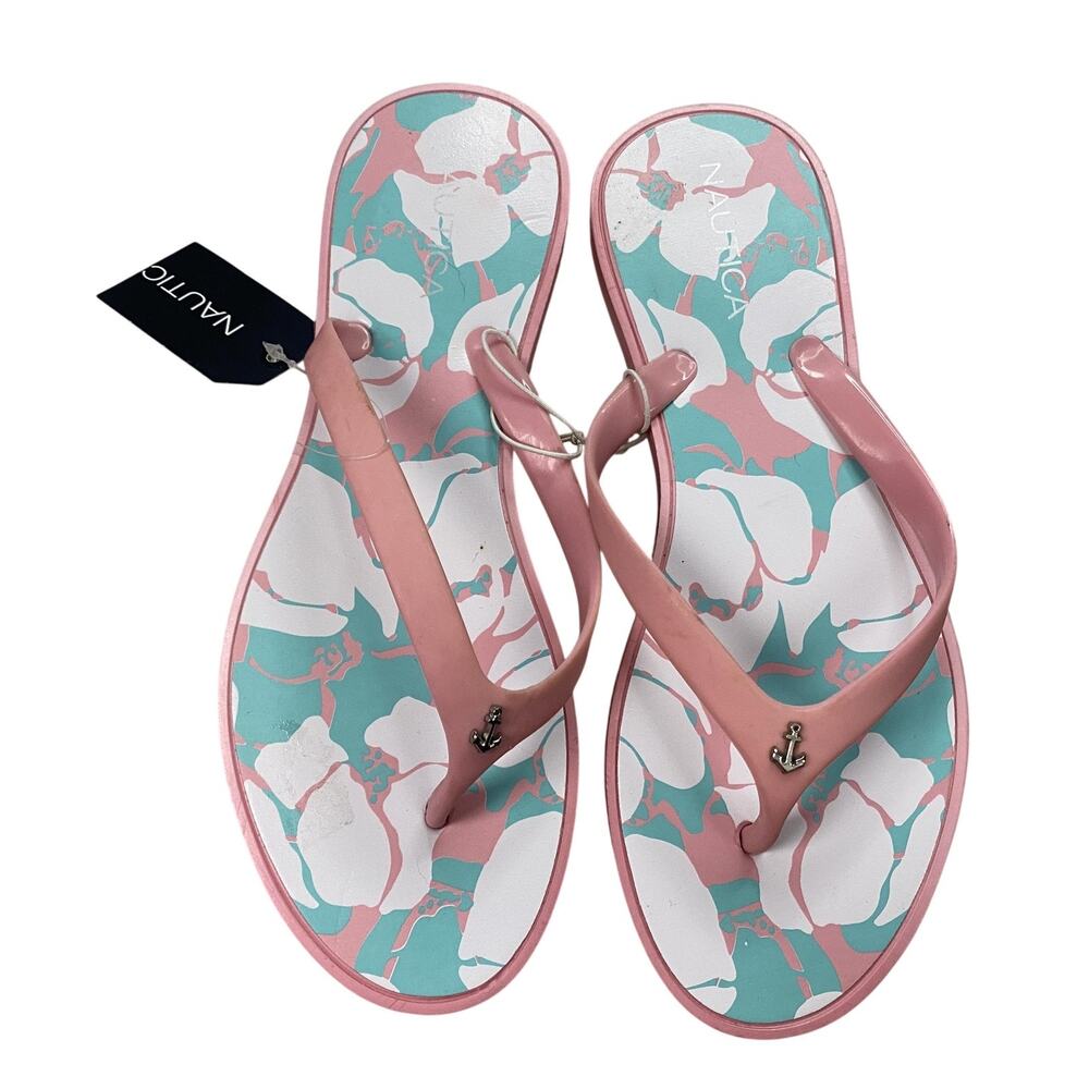 Nautica Flip Flop Sandals Womens 7 Pink Connery Floral Anchor Hawaii Beachy NEW